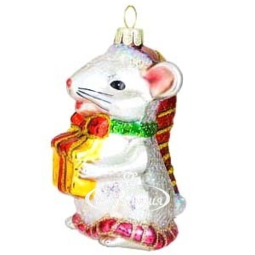 Стеклянная елочная игрушка Мышка Норушка с золотым подарком 9 см, подвеска Holiday Classics