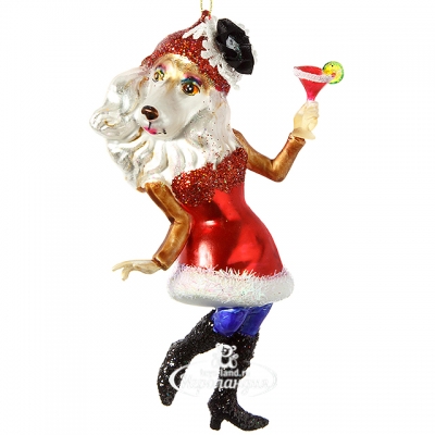 Стеклянная елочная игрушка Собака Леди с бокалом 15 см, подвеска Holiday Classics