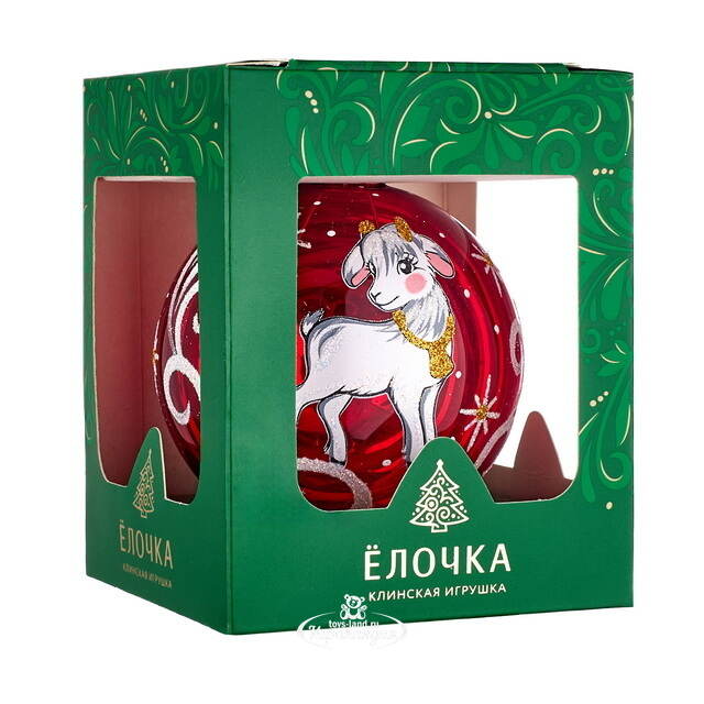 Елочный шар Символ года - Белая Овечка 8 см красный, стекло Фабрика Елочка