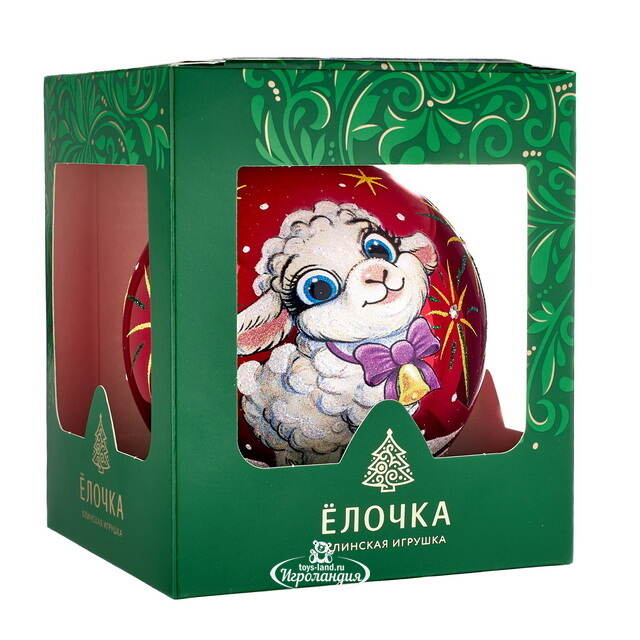 Елочный шар Символ года - Овечка Снежка красная 10 см, стекло Фабрика Елочка