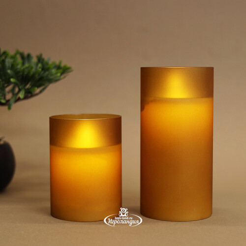 Светодиодная свеча с имитацией пламени Magic Flame в стакане 15 см карамельная Peha