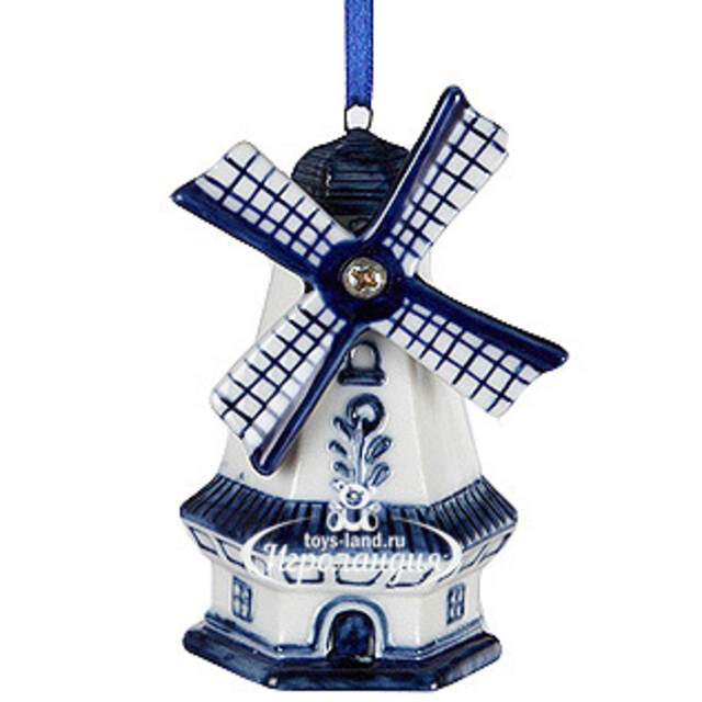 Елочная игрушка Ветряная Мельница в Дельфтском Стиле с Синей Крышей 8 см, подвеска Kurts Adler