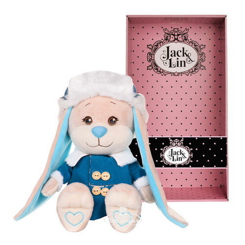 Мягкая игрушка Зайчик Жак в синей дублёнке и шапке-ушанке 25 см, коллекция Jack&Lin Maxitoys