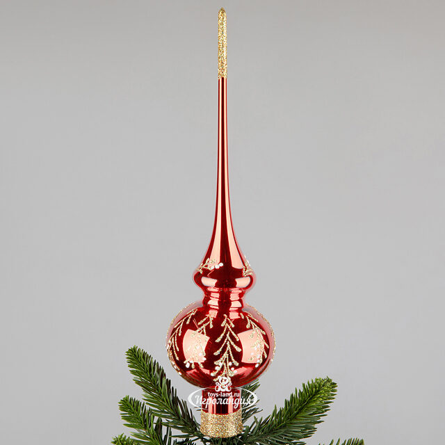 Верхушка на елку Заснеженная Ветвь 28 см красная, стекло Коломеев