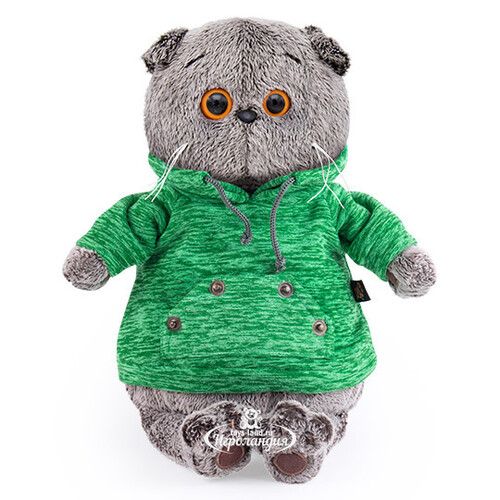Мягкая игрушка Кот Басик в зеленой толстовке с карманом-кенгуру 19 см Budi Basa