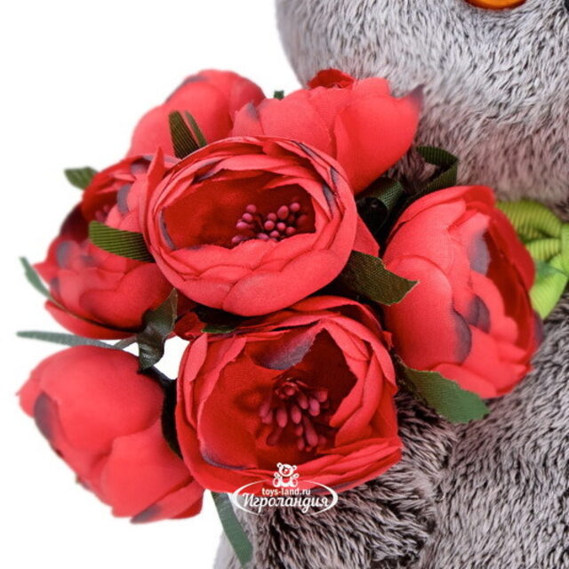 Мягкая игрушка Кот Басик с красными пионами 25 см Budi Basa
