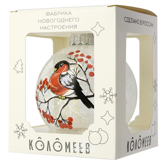 Стеклянный елочный шар Задумчивый снегирь 10 см Коломеев