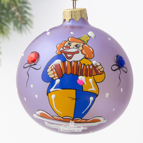 Стеклянный елочный шар Клоун Бенни с гармошкой 80 мм, сиреневый Коломеев