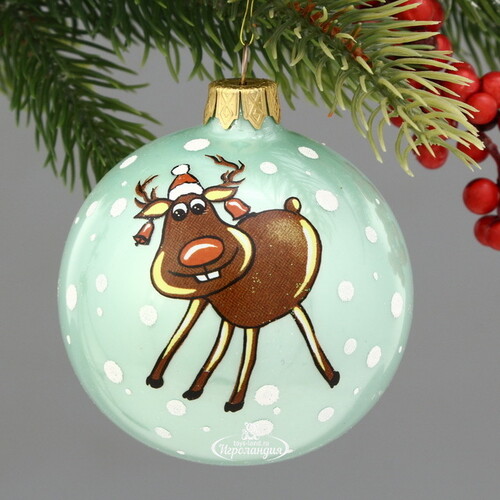 Стеклянный елочный шар Рождественский олень Вилли 8 см бирюзовый Коломеев