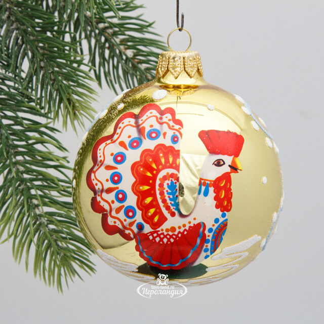 Стеклянный елочный шар Дымковская игрушка - Индюк 80 мм золотой Коломеев