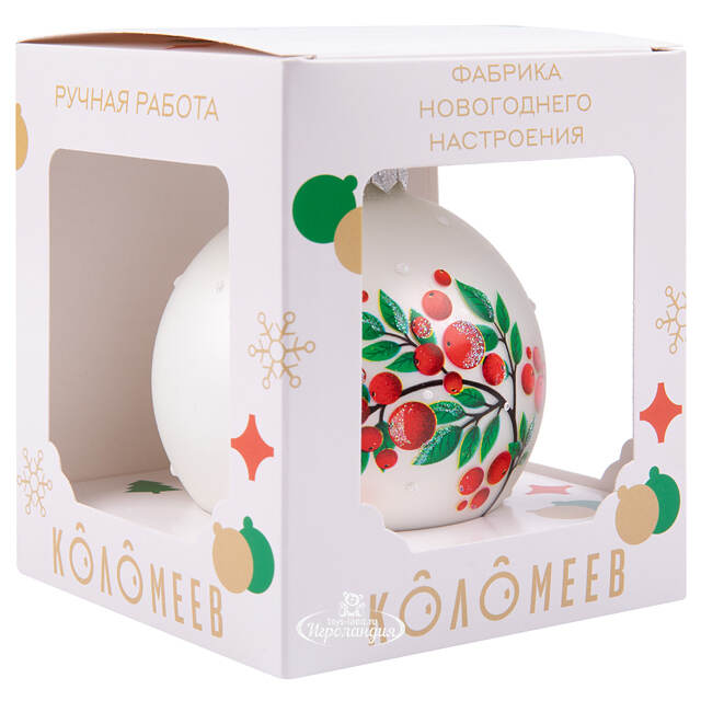 Стеклянный елочный шар Веточка рябины 8 см Коломеев