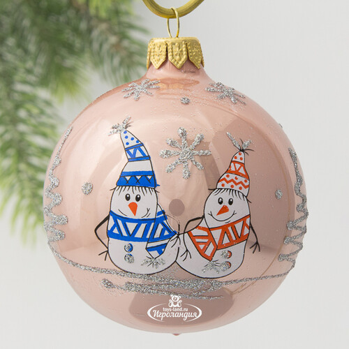 Стеклянный елочный шар Снеговики Вилли и Винни 85 мм, светло-розовый Коломеев