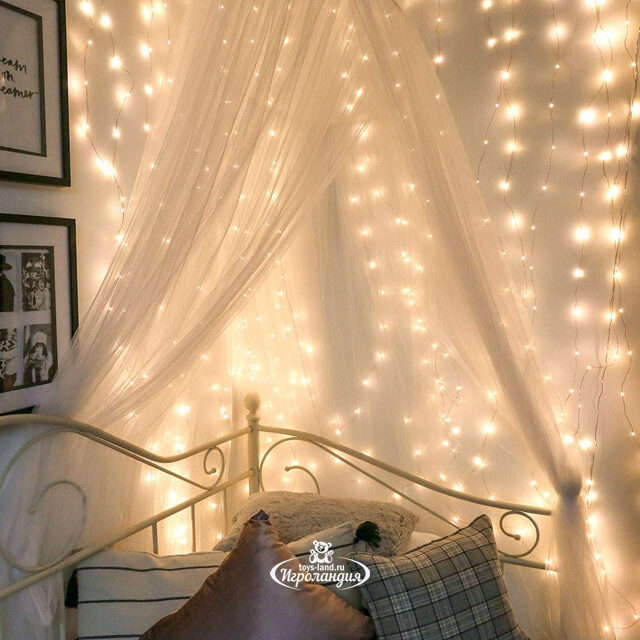 Гирлянда штора Роса 1.6*1.6 м, 256 теплых белых мини LED, серебряная проволока Торг Хаус