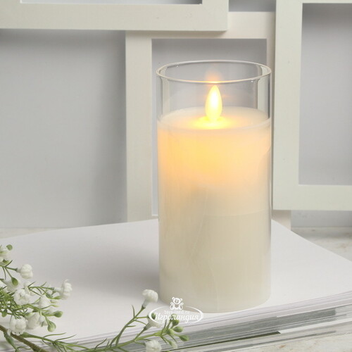 Светодиодная свеча с имитацией пламени Magic Flame в стакане 15 см белая Peha