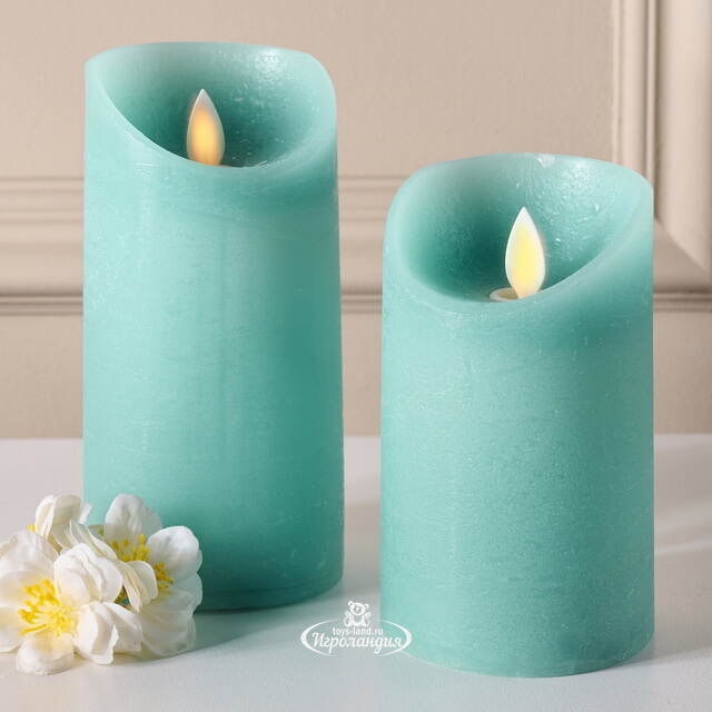 Светодиодная свеча с имитацией пламени 15 см, темно-мятная восковая, батарейка Peha (Пеха)