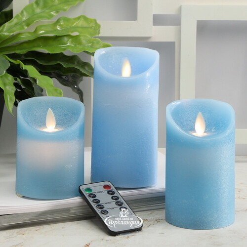 Набор свечей с имитацией пламени Ленорра Magic Flame 10-15 см, 3 шт, небесно-голубые, с пультом управления Peha