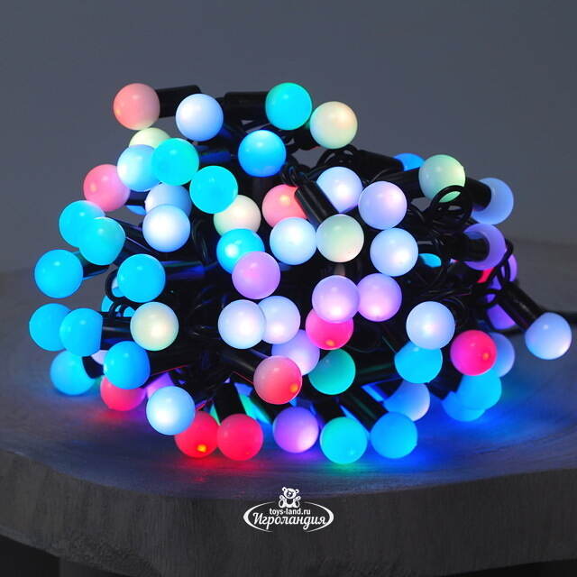 Светодиодная гирлянда Мультишарики 18 мм 100 RGB LED ламп 10 м, черный ПВХ, соединяемая, IP44 BEAUTY LED