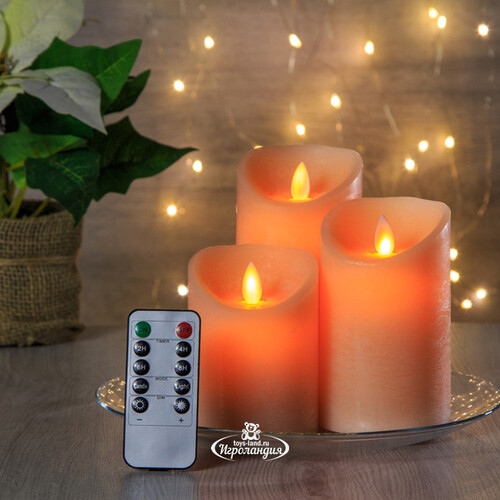 Набор свечей с имитацией пламени Magic Flame 12-17 см, 3 шт, с пультом управления, коралловые, восковые Peha