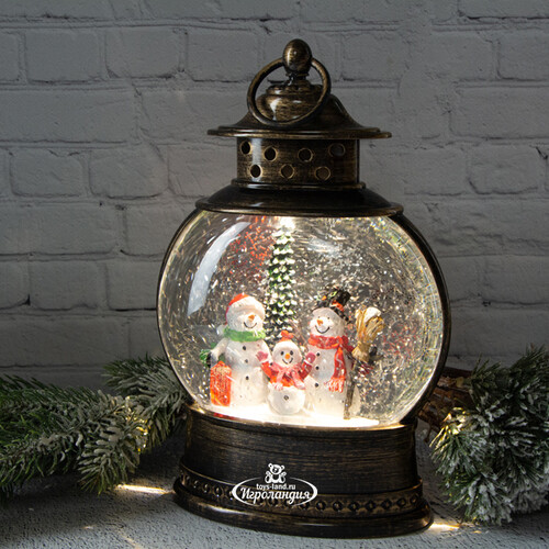 Новогодний фонарик - снежный шар Семейство Снеговичков Фрости 28 см, LED подсветка, на батарейках Peha