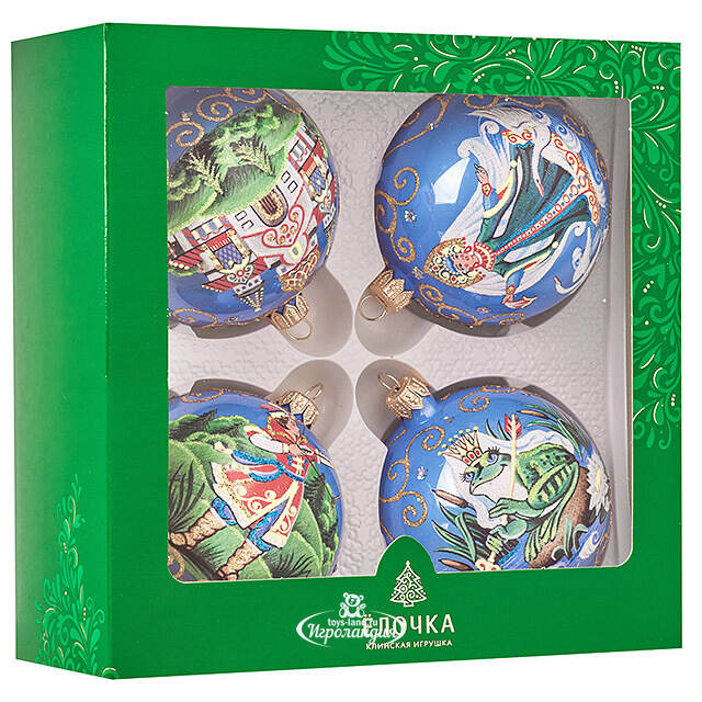 Набор стеклянных елочных шаров Царевна-Лягушка 8 см, голубой, 4 шт Фабрика Елочка