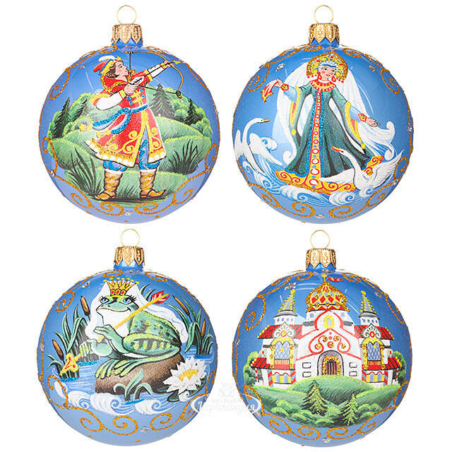 Набор стеклянных елочных шаров Царевна-Лягушка 8 см, голубой, 4 шт Фабрика Елочка