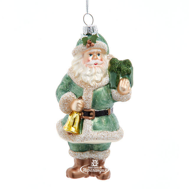 Стеклянная елочная игрушка Санта с колокольчиком - Forest Christmas 15 см Kurts Adler