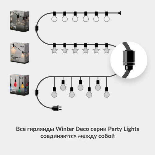 Гирлянда из лампочек Party Lights 10 м, 20 ламп, теплые белые LED, черный ПВХ, соединяемая, контроллер, IP44 Winter Deco