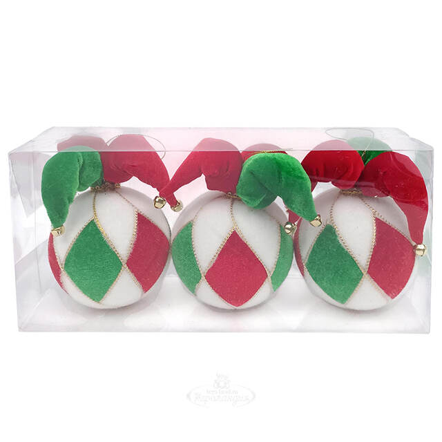 Елочные шары из ткани Шапка Скомороха - Bondeno 10 см, 3 шт Due Esse Christmas (Ду Эссе Кристмас)