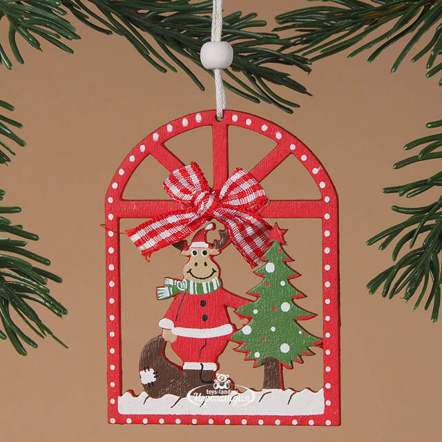 Деревянная елочная игрушка Олень у елочки 8 см красная, подвеска Breitner