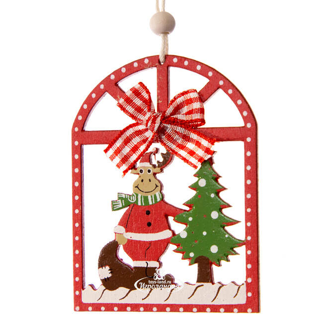 Деревянная елочная игрушка Олень у елочки 8 см красная, подвеска Breitner