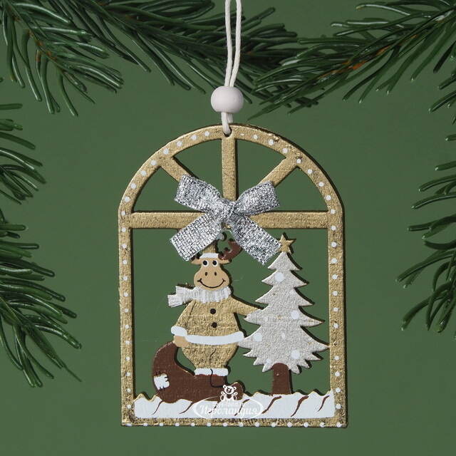 Деревянная елочная игрушка Олень у елочки 8 см золотая, подвеска Breitner