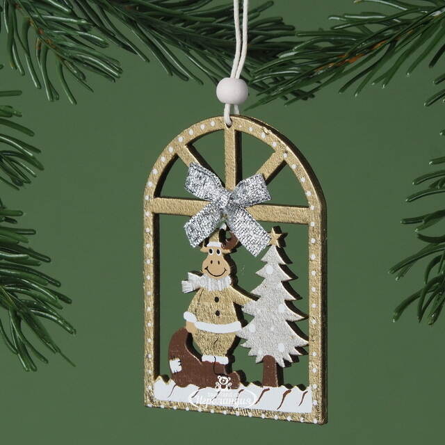 Деревянная елочная игрушка Олень у елочки 8 см золотая, подвеска Breitner