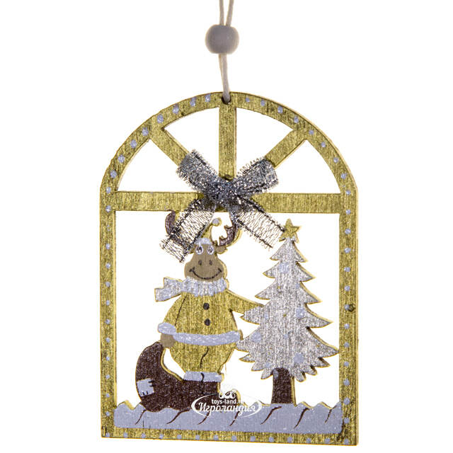 Деревянная елочная игрушка Олень у елочки 8 см золотая, подвеска Breitner
