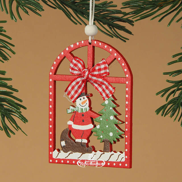 Деревянная елочная игрушка Снеговик у елочки 8 см красная, подвеска Breitner