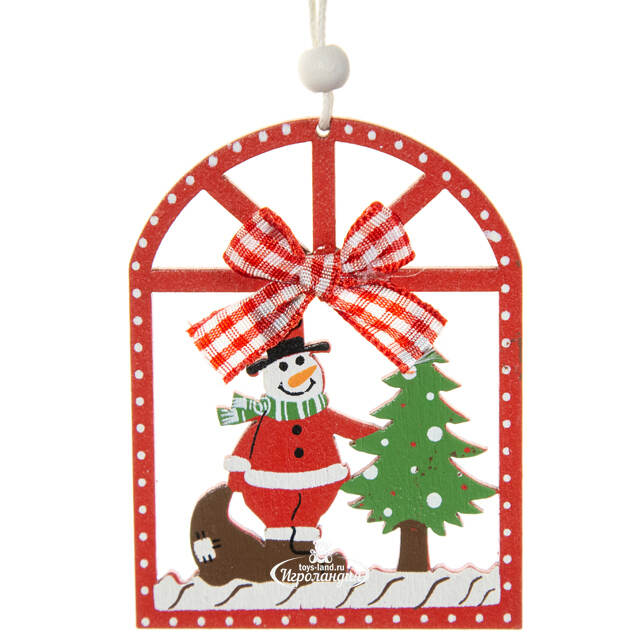 Деревянная елочная игрушка Снеговик у елочки 8 см красная, подвеска Breitner