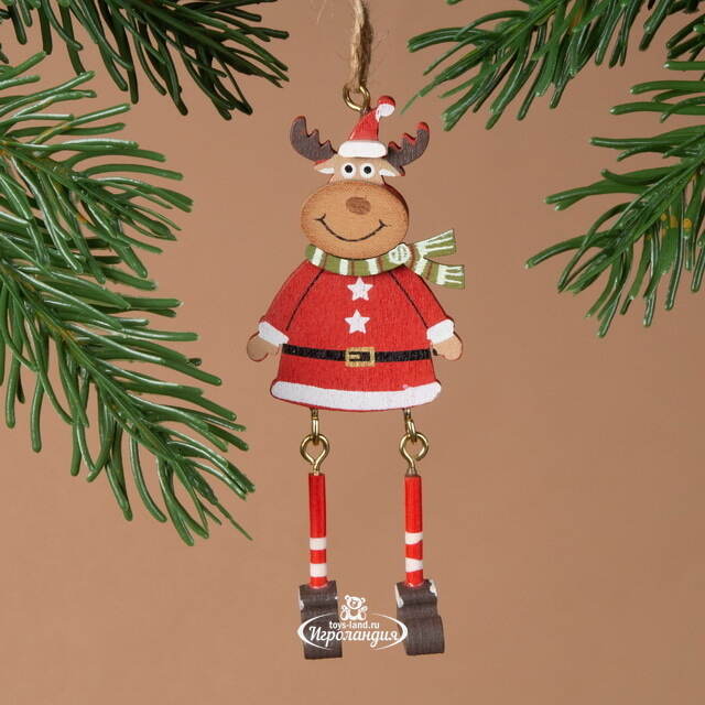 Деревянная елочная игрушка Олень Рудольф в шарфе 9 см, подвеска Breitner