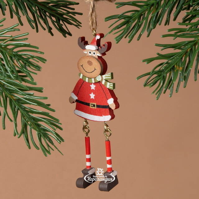 Деревянная елочная игрушка Олень Рудольф в шарфе 9 см, подвеска Breitner