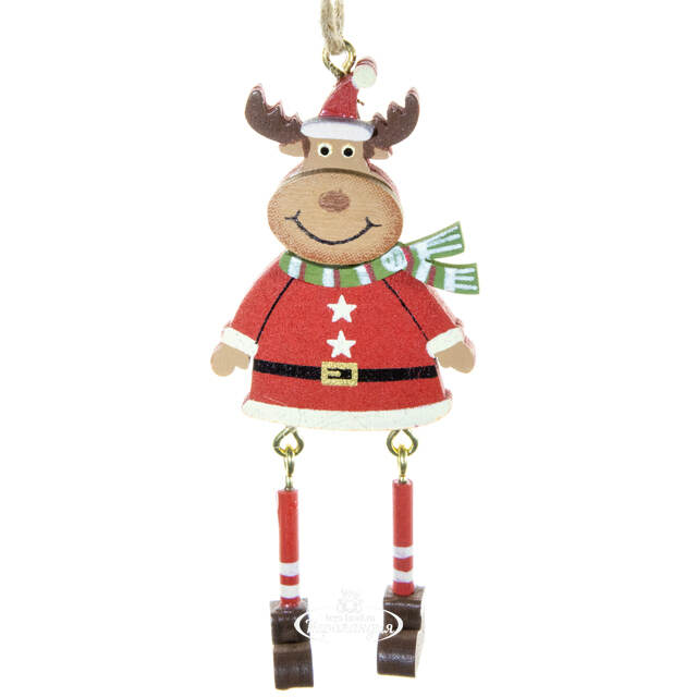 Деревянная елочная игрушка Олень Рудольф в шарфе 9 см, подвеска Breitner
