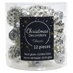 Набор стеклянных елочных игрушек Шишки 6 см серебряный mix, 12 шт Winter Deco фото 2