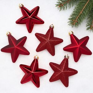 Елочные игрушкик Красные Звезды 8 см, 6 шт, подвеска, пластик