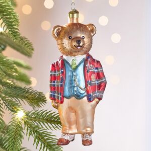 Елочная игрушка Медвежонок в костюме 16 см, стекло