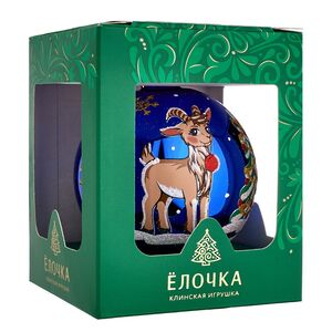Елочный шар Символ года - Козлик у ёлочки 8 см синий, стекло Фабрика Елочка фото 6