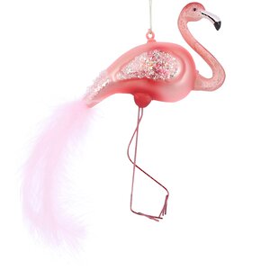 Стеклянная елочная игрушка Розовый Фламинго Шайни 13 см, подвеска