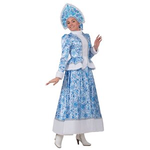 Взрослый новогодний костюм Снегурочка Гжель с кокошником