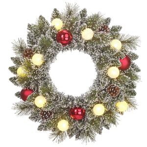 Венок с лампочками Kaprun Red заснеженный 45 см, 10 теплых белых LED ламп, таймер, на батарейках, ЛЕСКА + ПВХ Edelman фото 6