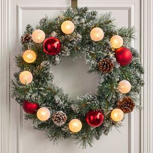 Венок с лампочками Kaprun Red заснеженный 45 см, 10 теплых белых LED ламп, таймер, на батарейках, ЛЕСКА + ПВХ Edelman фото 1