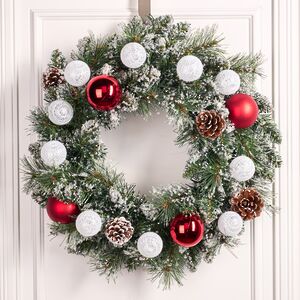 Венок с лампочками Kaprun Red заснеженный 45 см, 10 теплых белых LED ламп, таймер, на батарейках, ЛЕСКА + ПВХ Edelman фото 3