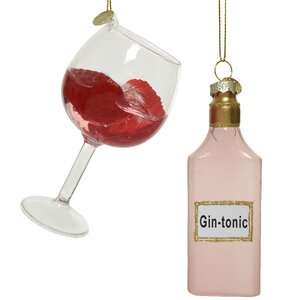 Набор стеклянных елочных игрушек Бутылка и Бокал - Pink Gin Mood 12 см, 2 шт, подвеска Kaemingk фото 1