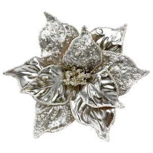Искусственная пуансеттия Letizia 27 см серебряная, клипса Christmas Deluxe фото 1
