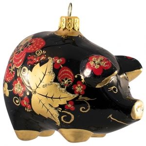 Стеклянная елочная игрушка Свинья - Хохломские узоры 11 см, подвеска Фабрика Ариель фото 1